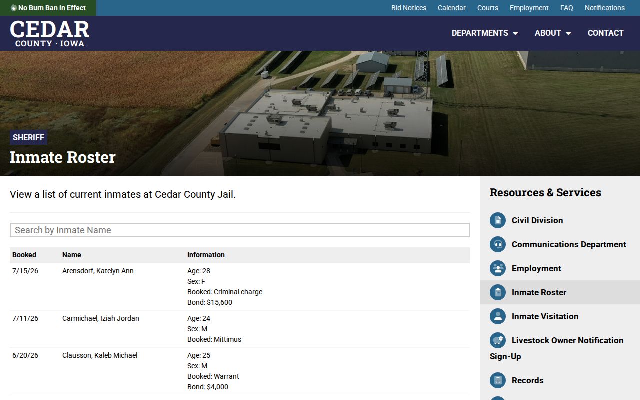 Cedar County arrest search using the current inmate roster