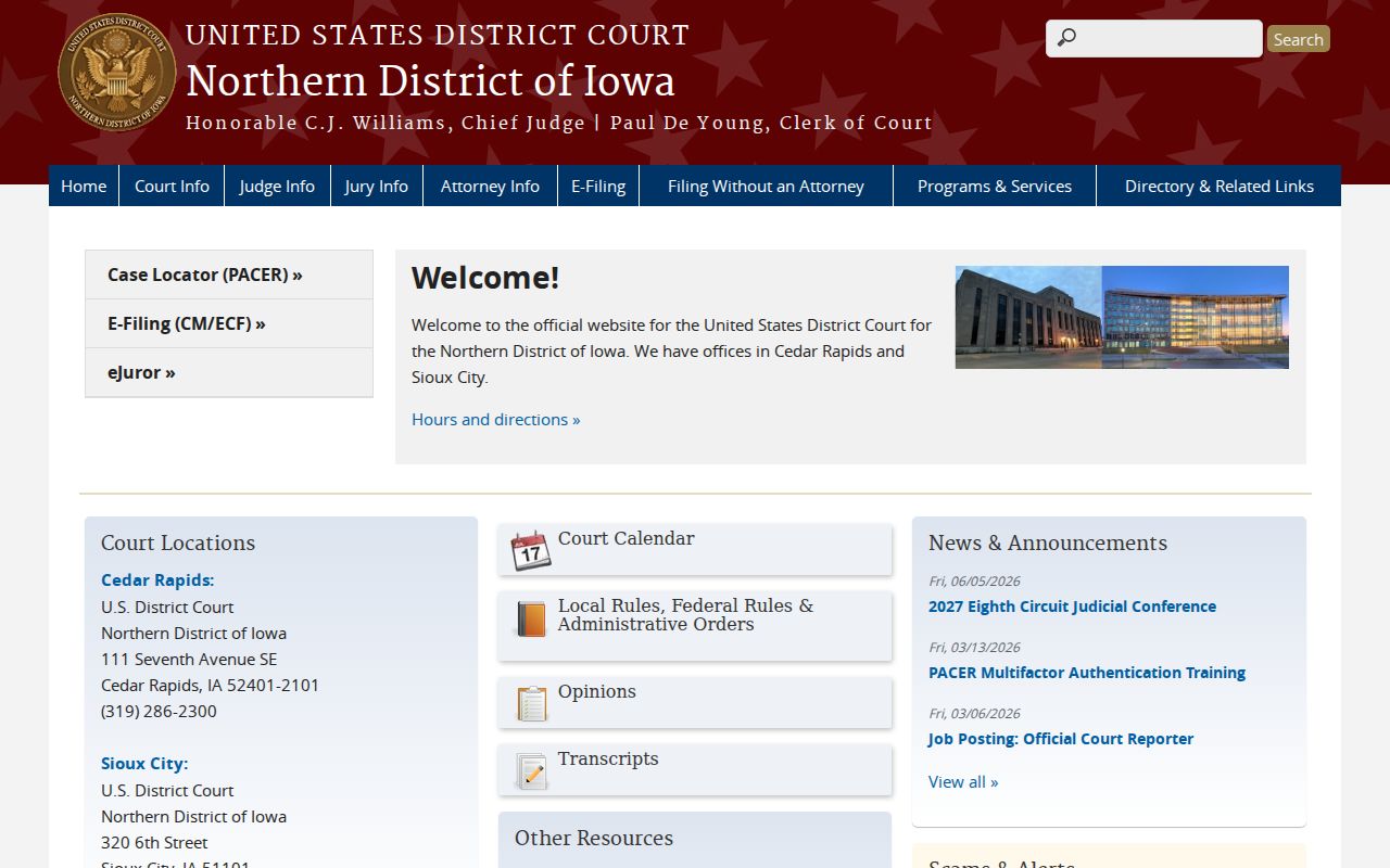 Northern District of Iowa court information for Cedar County federal cases